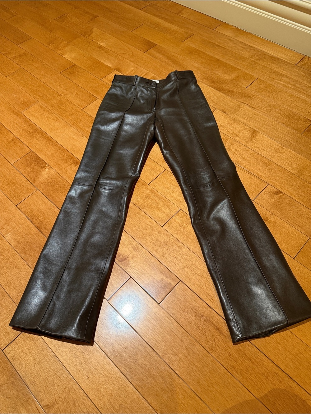 Celine Leather Flared Pants in Dark Brown